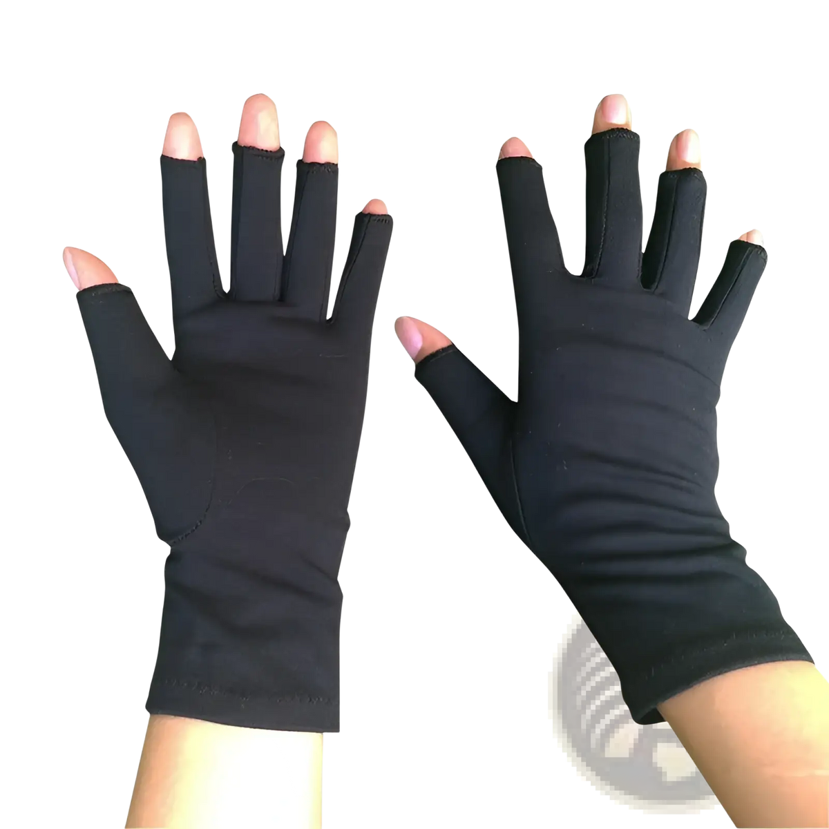 Black fingerless arthritis compression gloves made of stretchy fabric for comfort and support, back side shown
