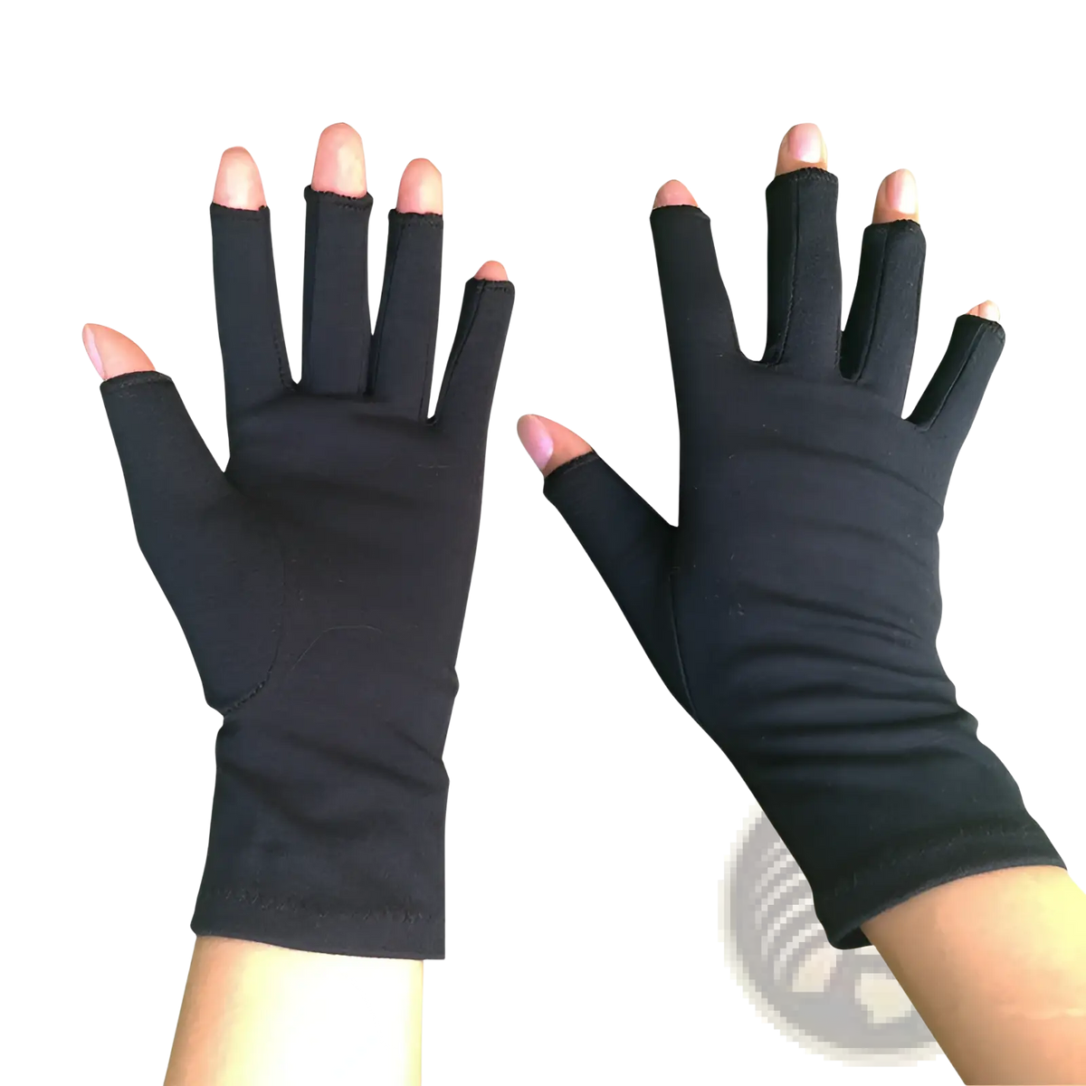 Black fingerless arthritis compression gloves made of stretchy fabric for support comfort and flexibility