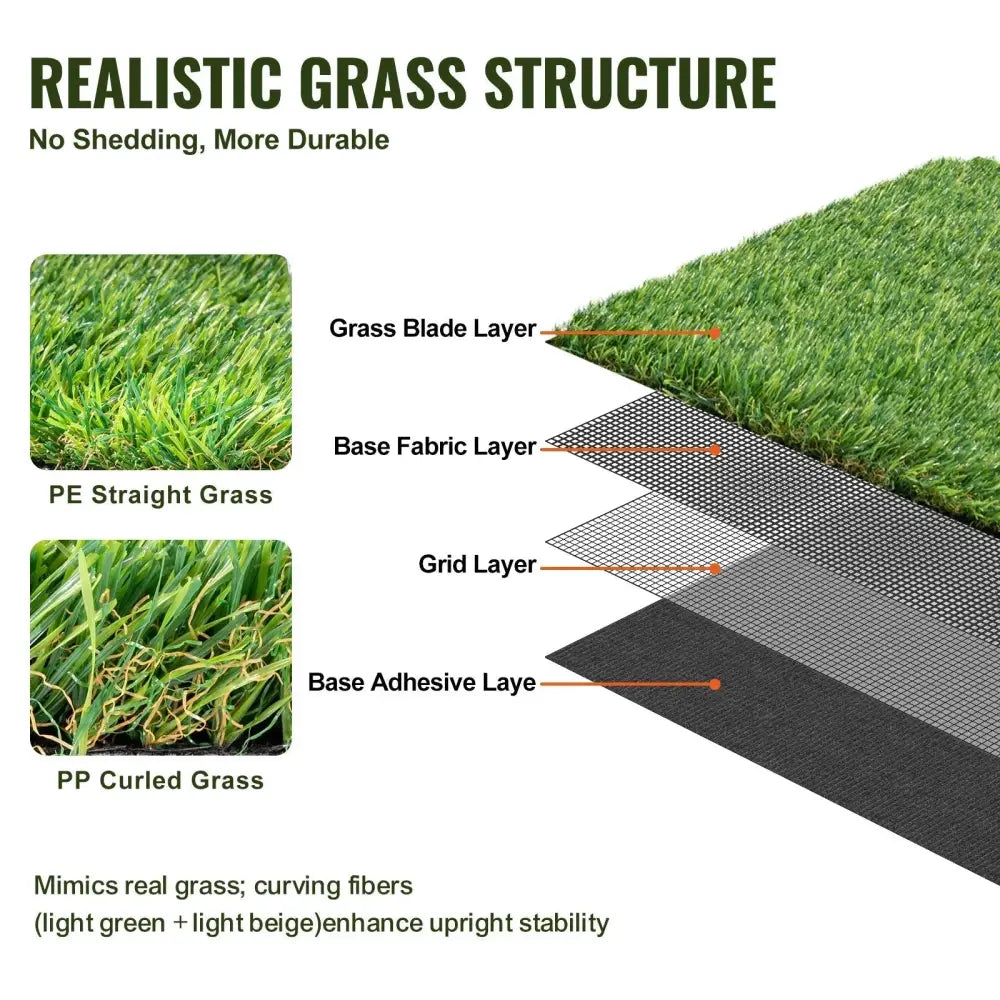 Realistic 4x6 ft artificial grass turf rug in green with layered construction of pe straight and pp curled fibers and drainage