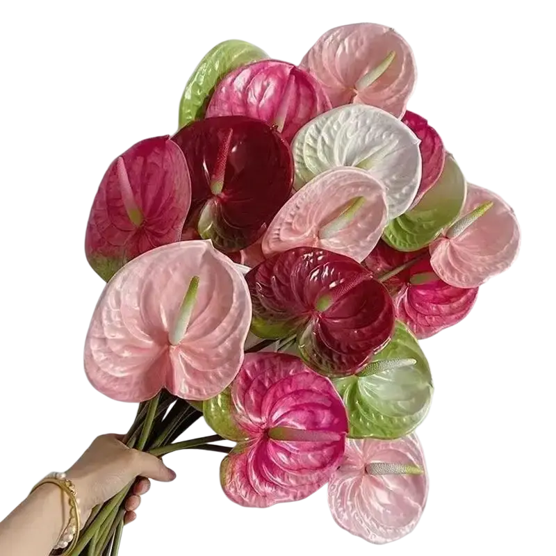 Artificial anthurium flower bouquet decorative plant with vibrant pink red white and green artificial flowers