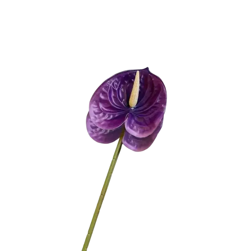 Artificial anthurium flower bouquet with vibrant purple petals and creamy yellow spadix on green stem displayed elegantly