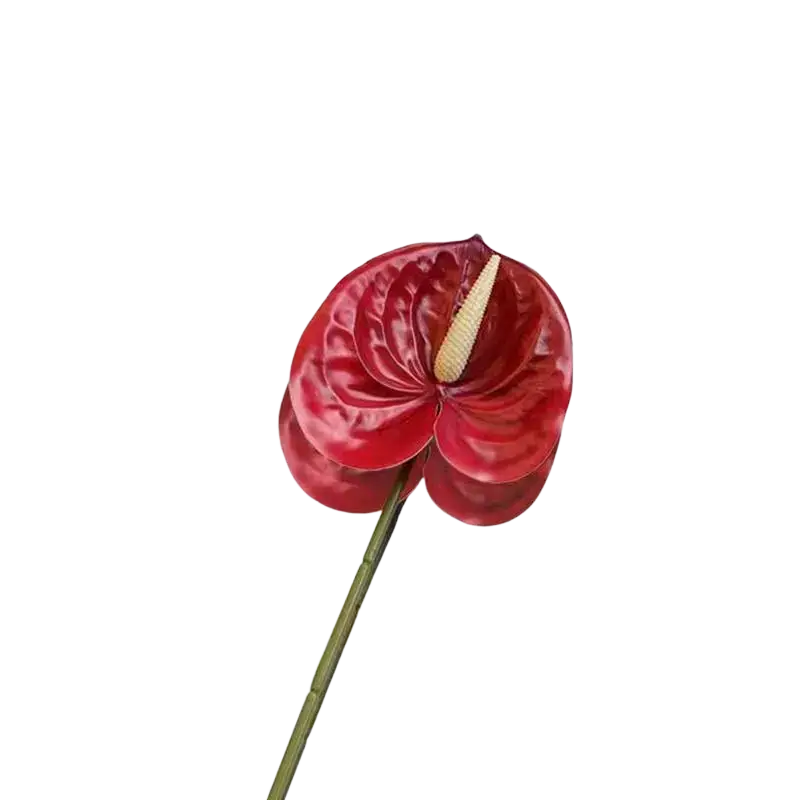 Artificial anthurium flower bouquet with vibrant red glossy heart-shaped petals and pale yellow spadix on green stem