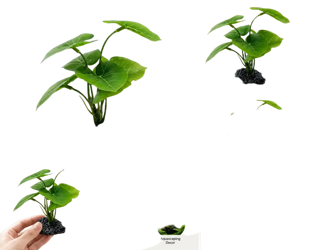 Artificial aquarium plant with green broad leaves and black porous weighted base for aquarium decor