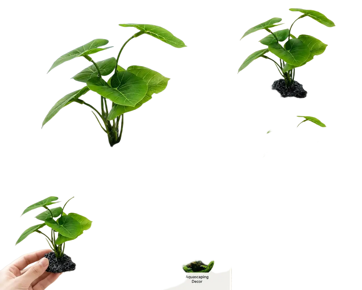 Artificial aquarium plant with green broad leaves and black porous weighted base for aquarium decor