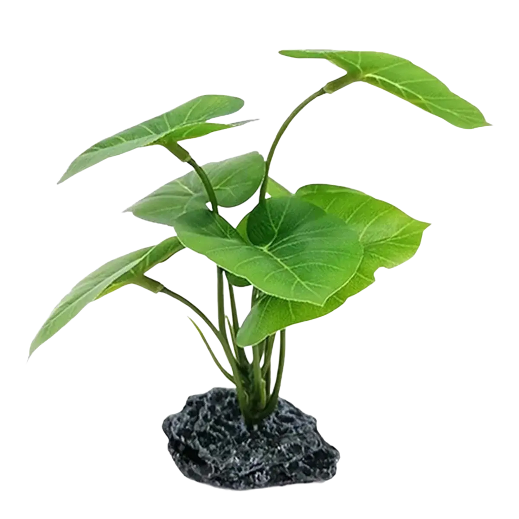 Artificial aquarium plant with broad glossy green leaves and a dark gray rocky weighted base for stability