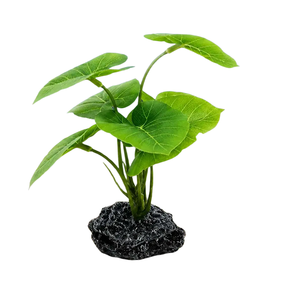 Artificial aquarium plant with green broad leaves rooted in a black mesh weighted base for stability