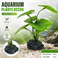 Artificial aquarium plant with lush green lifelike leaves and weighted textured black rock base for stability