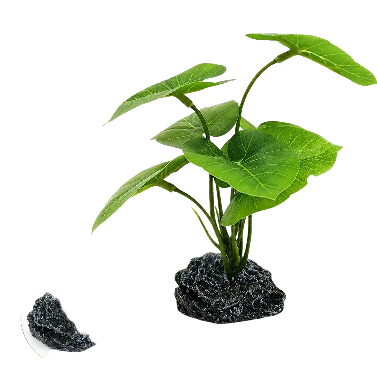Artificial aquarium plant with lush green lifelike leaves and weighted textured black rock base for stability