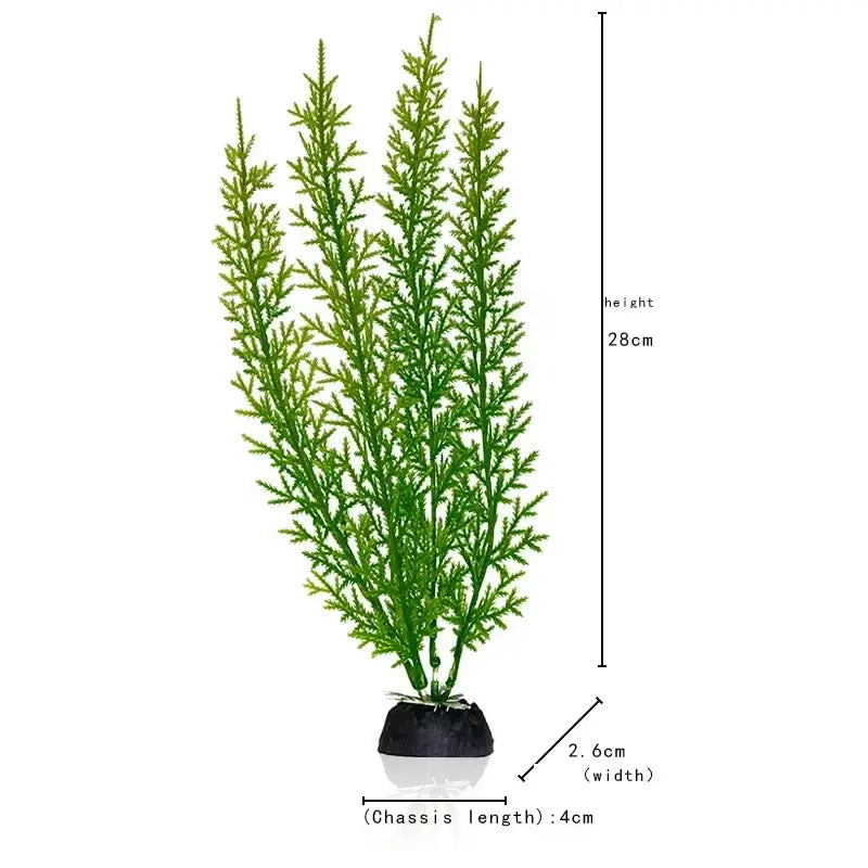 Green artificial aquarium plant with feathery foliage and black plastic base safe for water quality in aquariums