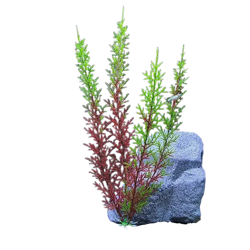 Artificial aquarium plant with green and reddish-brown foliage designed to maintain water quality safely