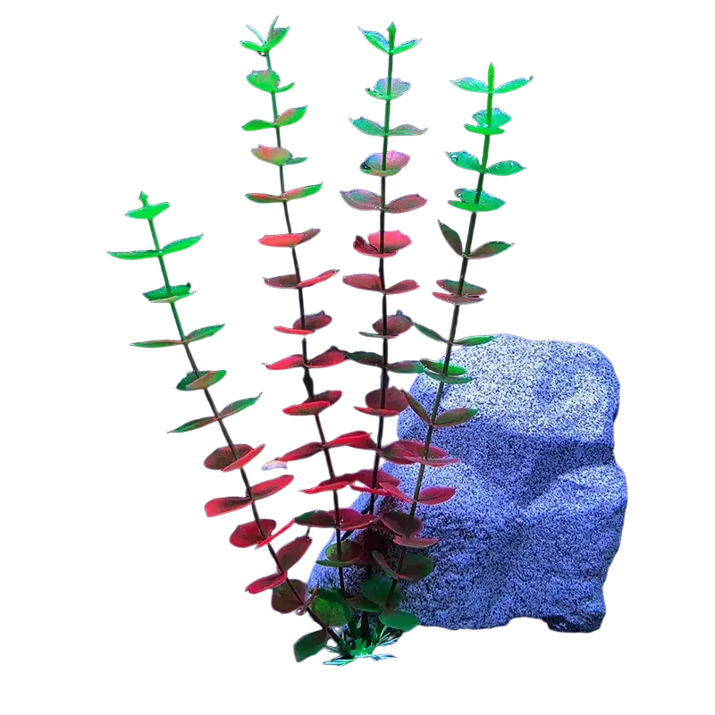 Artificial aquarium plant with green and red leaves on slender stems safe for water quality in tanks