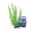 Vibrant green artificial aquarium plant with feathery fronds and black base safe for water quality use