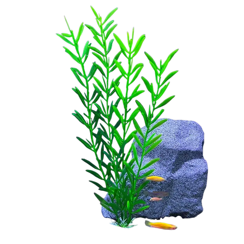 Vibrant green artificial aquarium plant with slender leafy stems designed to maintain safe water quality in aquariums
