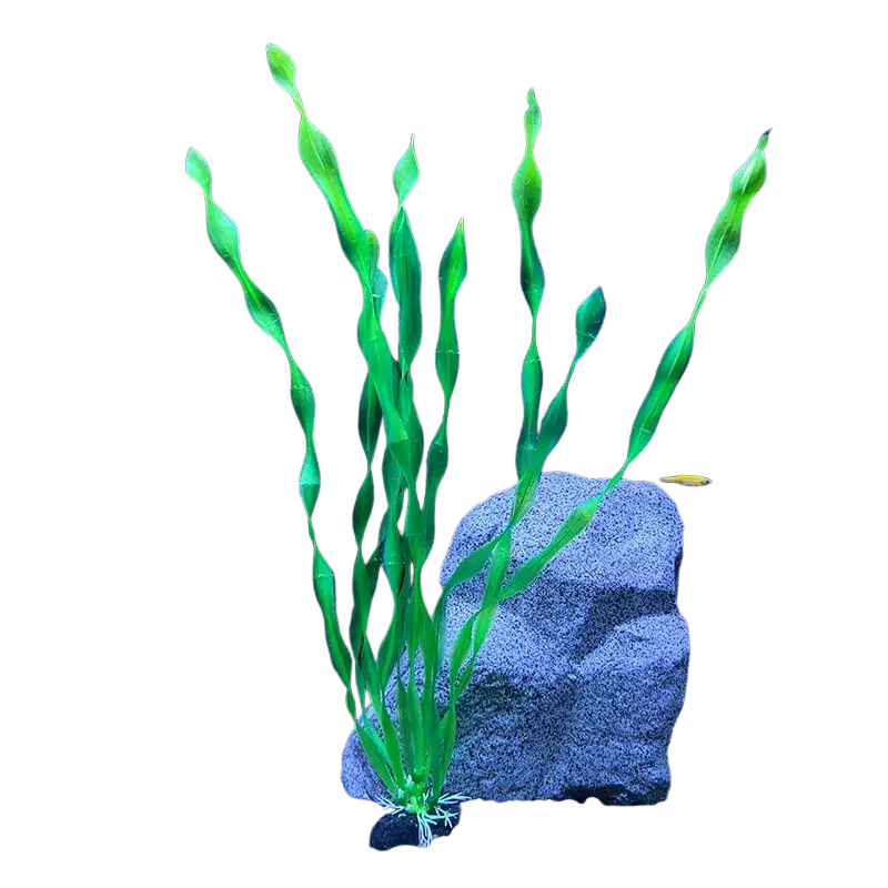 Vibrant green twisted artificial aquarium plant with realistic leaf texture anchored to gravel safe for water quality