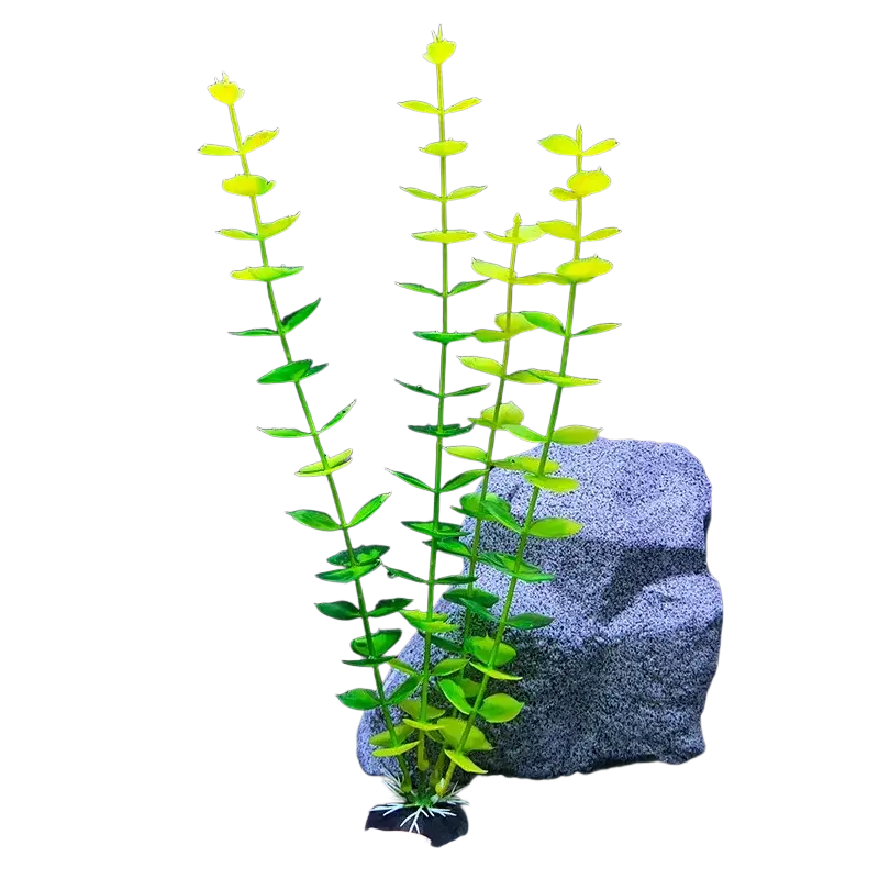 Vibrant green and yellow artificial aquarium plant with realistic leaves designed to maintain water quality in fish tanks