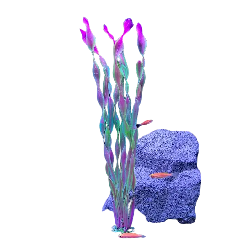 Vibrant iridescent artificial aquarium plant in pink and green plastic designed to preserve water quality