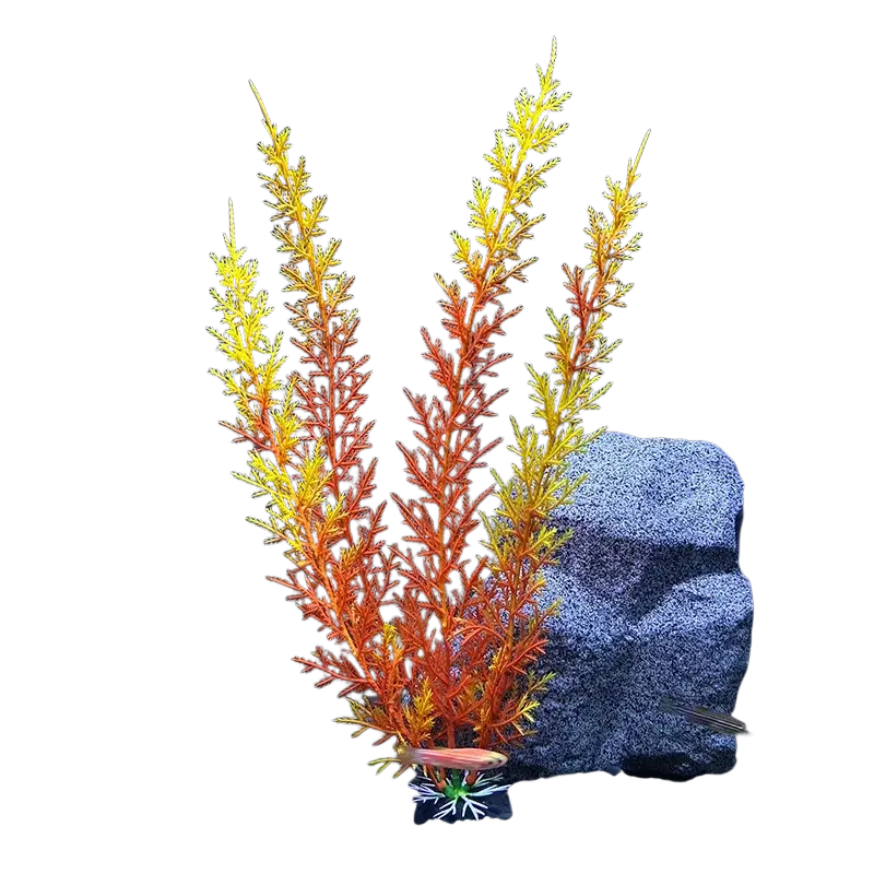 Vibrant orange and yellow artificial aquarium plant with feathery fronds safe for maintaining water quality