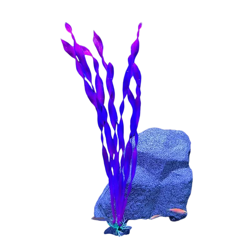 Vibrant purple and blue twisted plastic artificial aquarium plant with textured base safe for water quality maintenance
