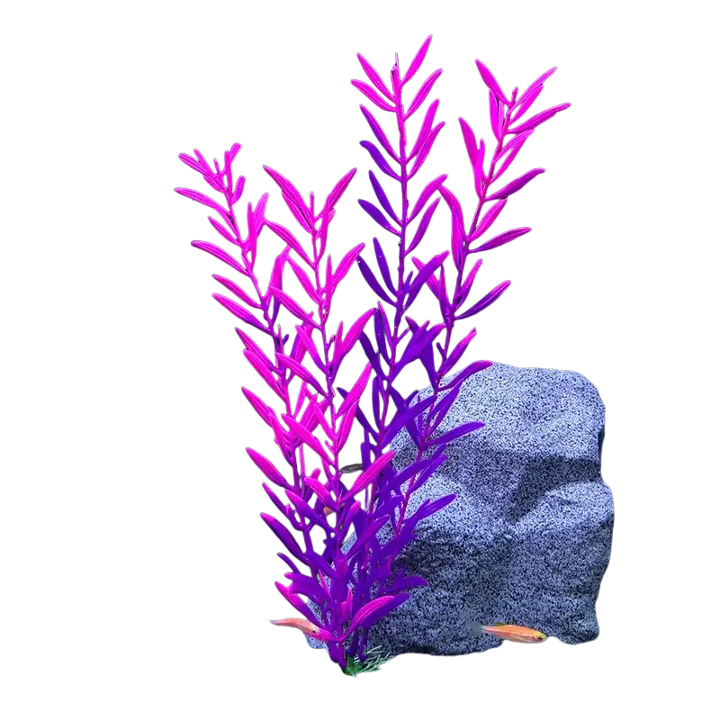 Vibrant purple plastic artificial aquarium plant with slender leafy branches designed to maintain water quality
