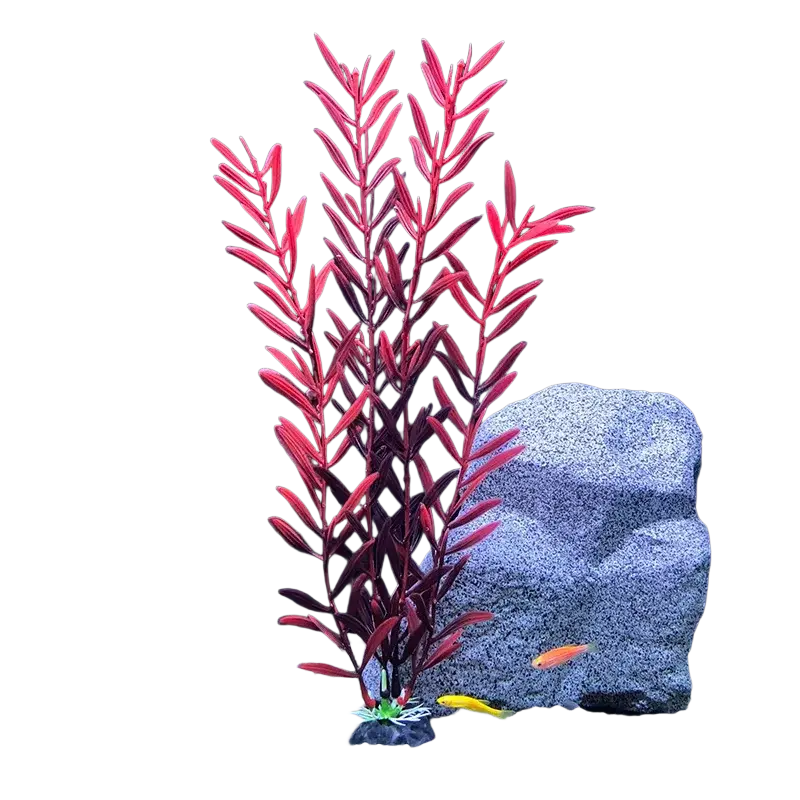 Vibrant red artificial aquarium plant with detailed leafy branches and green base designed to maintain water quality
