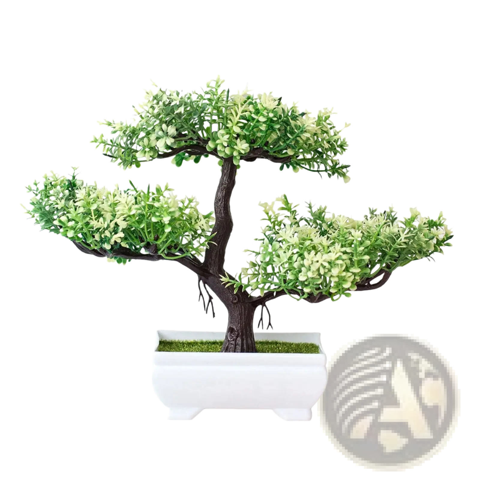 Artificial bonsai tree with dark brown textured branches and green foliage in white ceramic pot for home decor