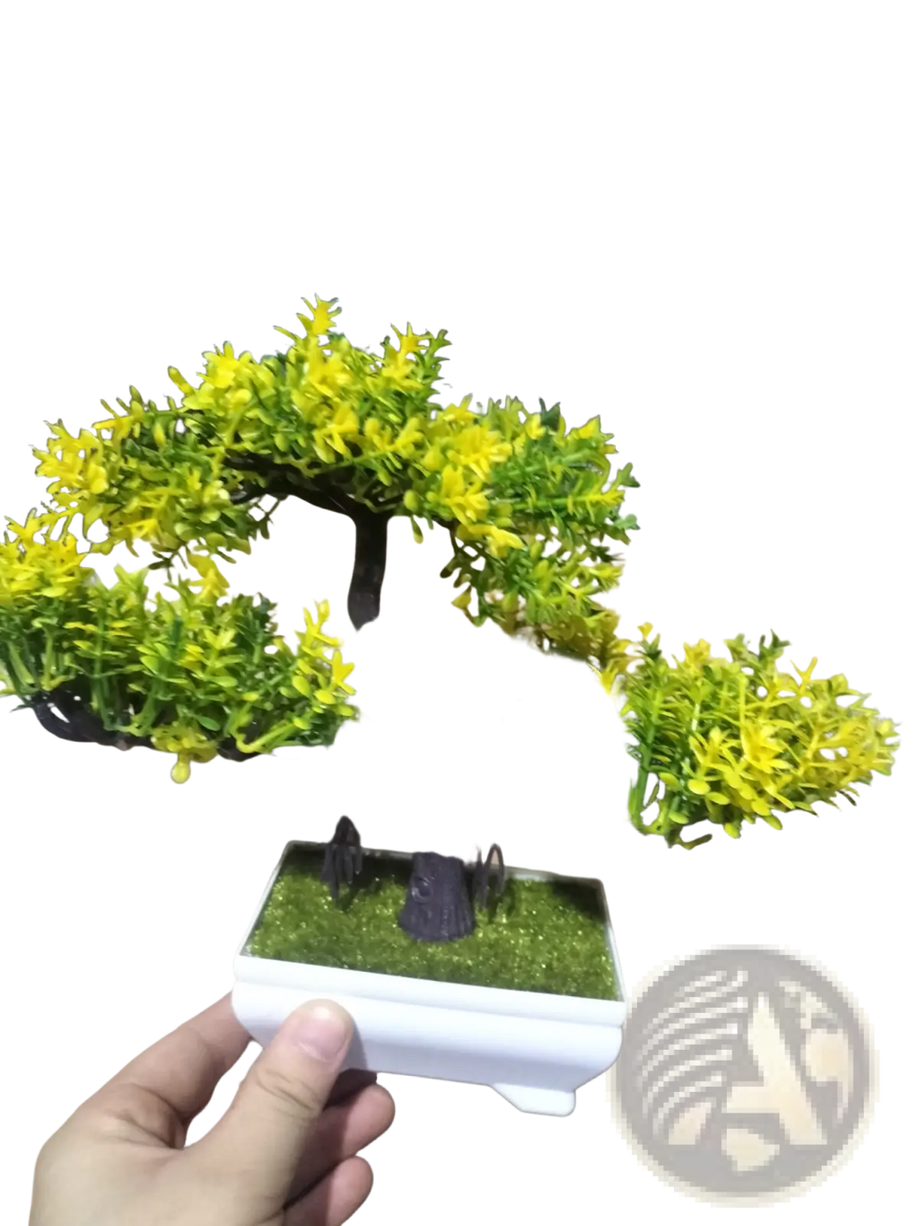 Artificial bonsai tree with vibrant yellow blossoms and green foliage in a white ceramic rectangular pot 4 pack