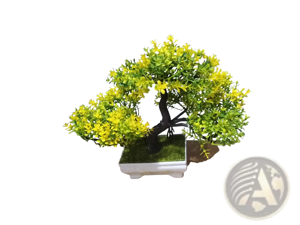 Artificial bonsai tree with vibrant yellow blossoms and green foliage in white ceramic pot with artificial moss