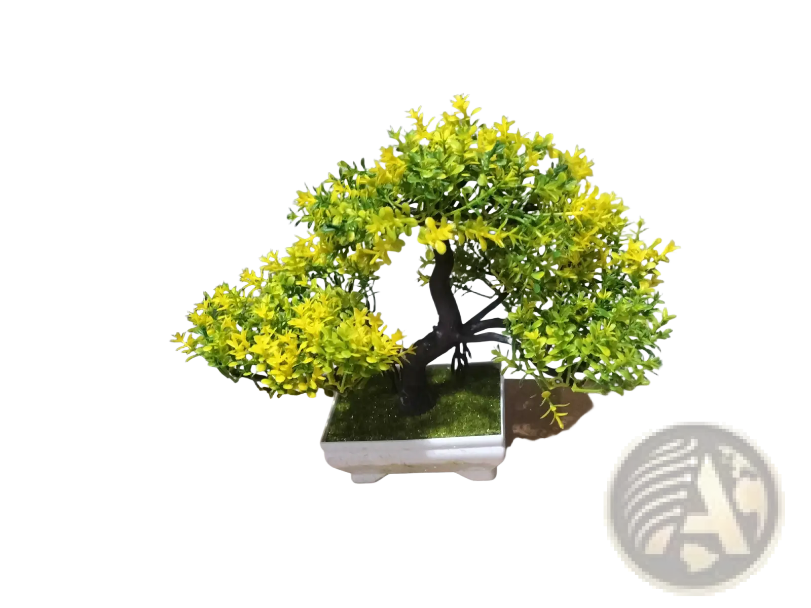 Artificial bonsai tree with vibrant yellow blossoms and green foliage in white ceramic pot with artificial moss