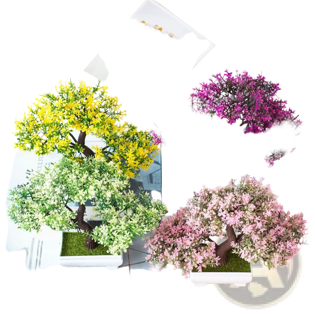 Artificial bonsai tree 4 pack with colorful yellow purple green and pink foliage in white ceramic rectangular pots