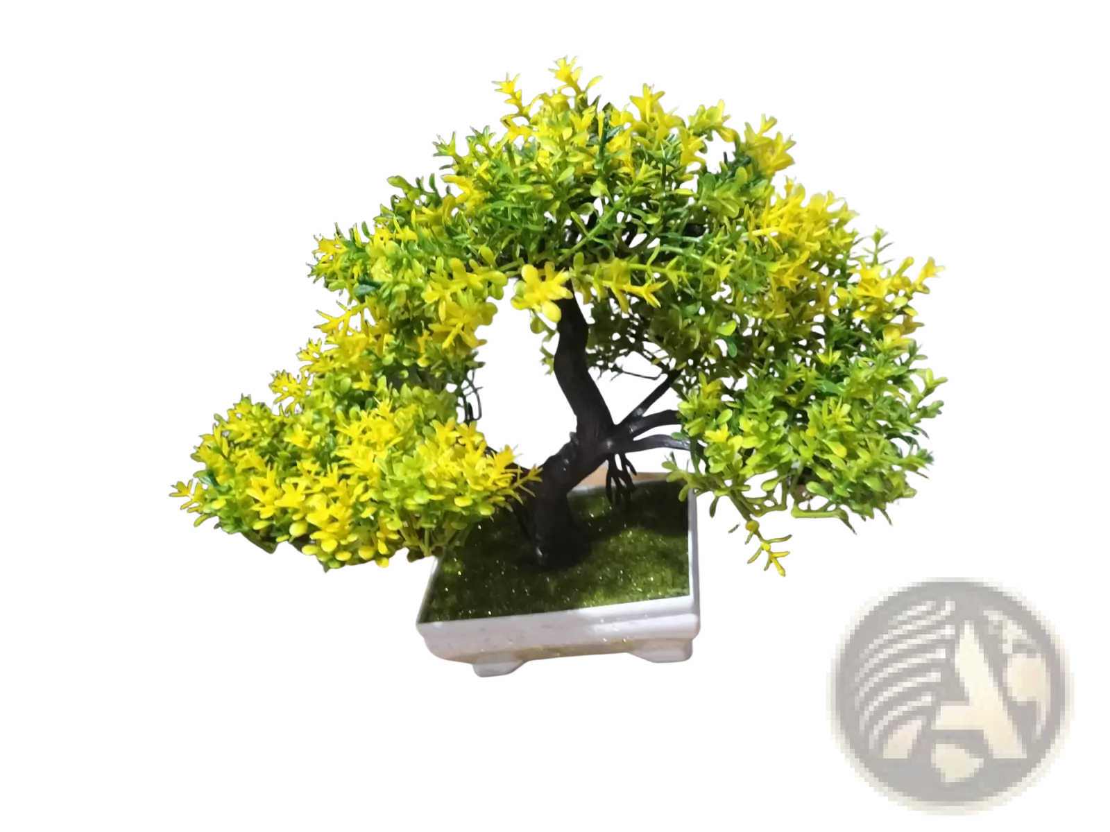 A vibrant artificial bonsai tree with dense yellow blossoms and green foliage in a white ceramic pot 4 pack