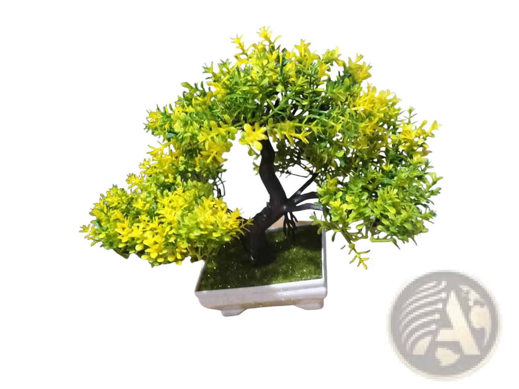 A vibrant artificial bonsai tree with dense yellow blossoms and green foliage in a white ceramic pot 4 pack