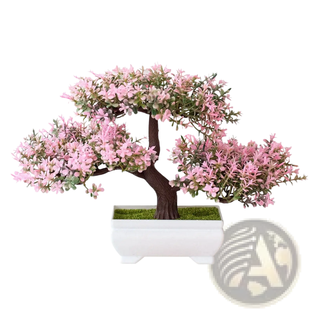 A delicate pink flowering artificial bonsai tree with dark brown textured trunk in a white ceramic pot