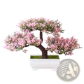 A delicate pink flowering artificial bonsai tree with dark brown textured trunk in a white ceramic pot