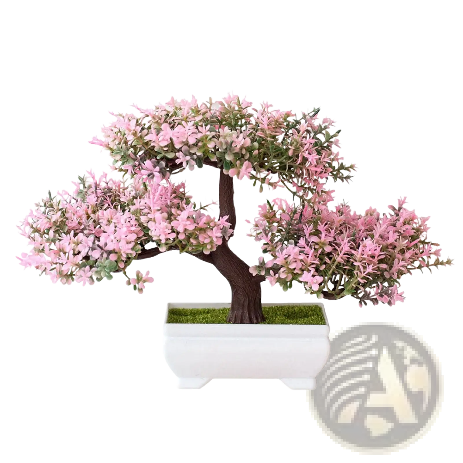 A delicate pink flowering artificial bonsai tree with dark brown textured trunk in a white ceramic pot