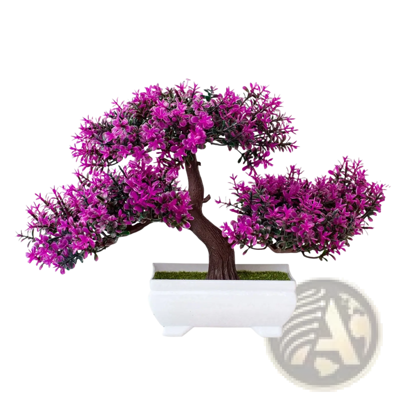 A vibrant purple artificial bonsai tree with dark brown trunk in a white ceramic pot from a 4 pack set
