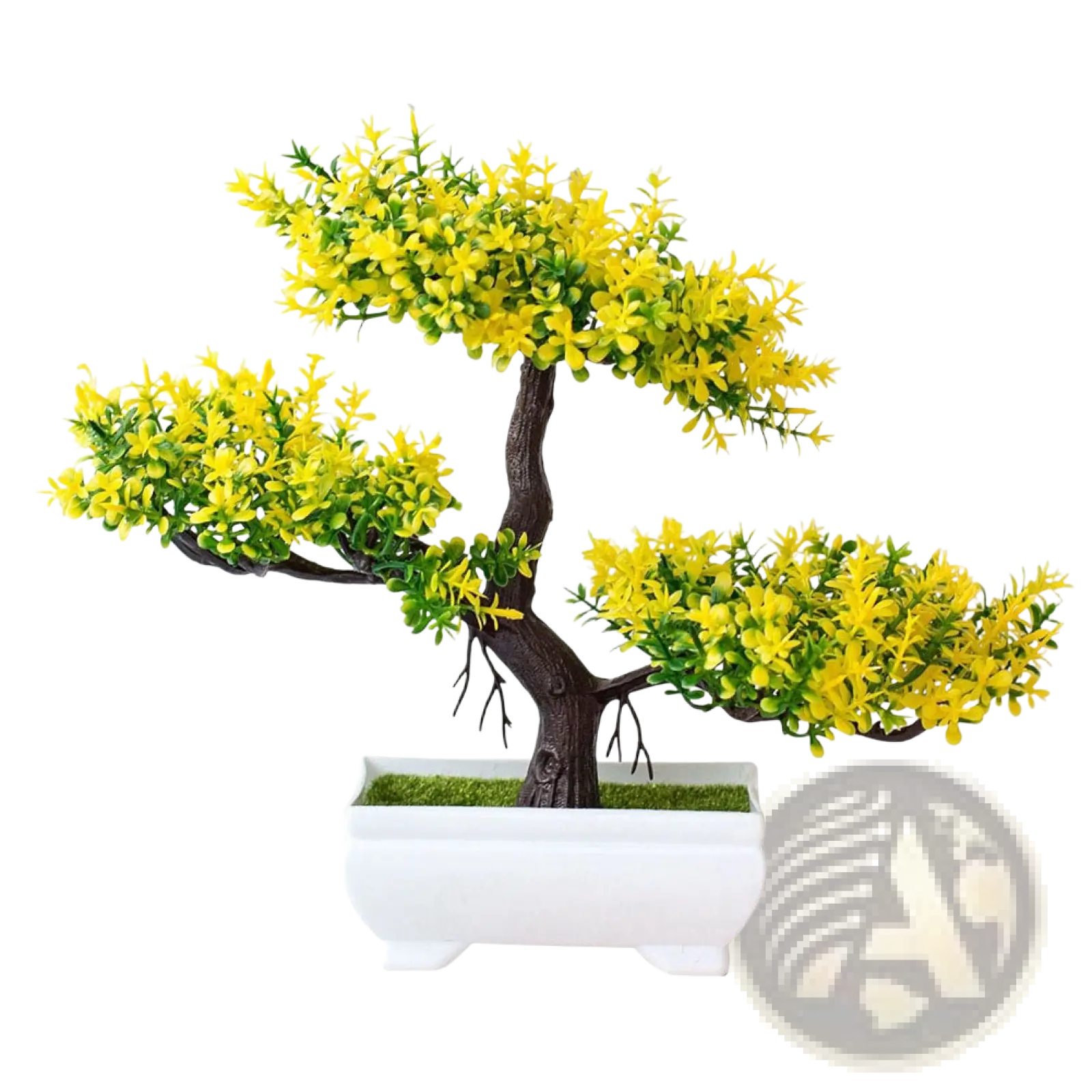 A miniature artificial bonsai tree with vibrant yellow blossoms and green foliage in a white ceramic pot