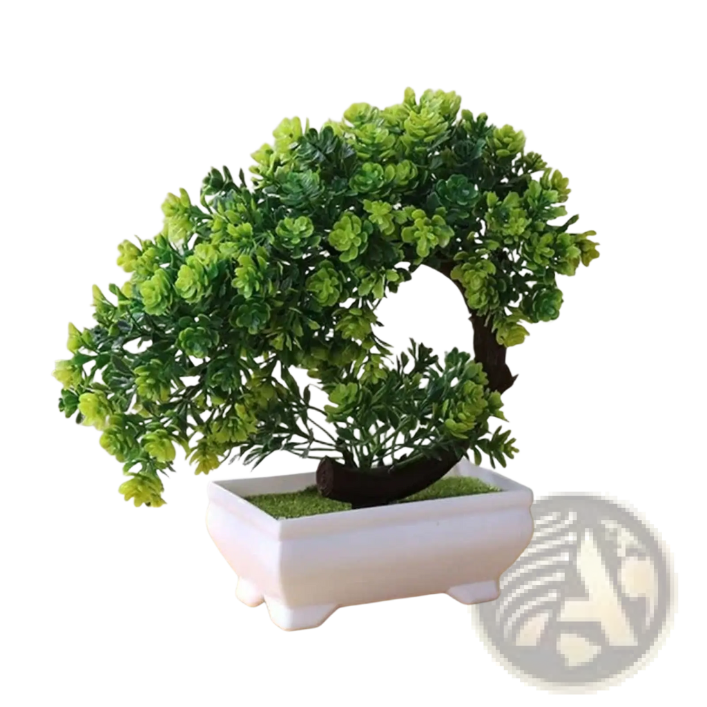 A compact artificial bonsai tree with lush green foliage and a dark brown trunk in a white ceramic pot