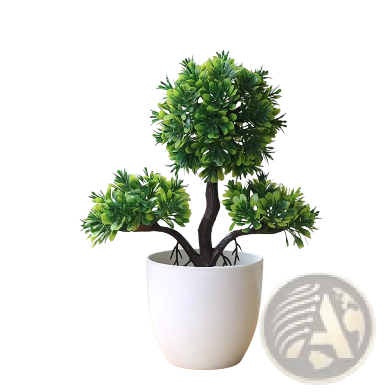 A compact artificial bonsai tree with lush green foliage and dark brown trunk in a white ceramic pot