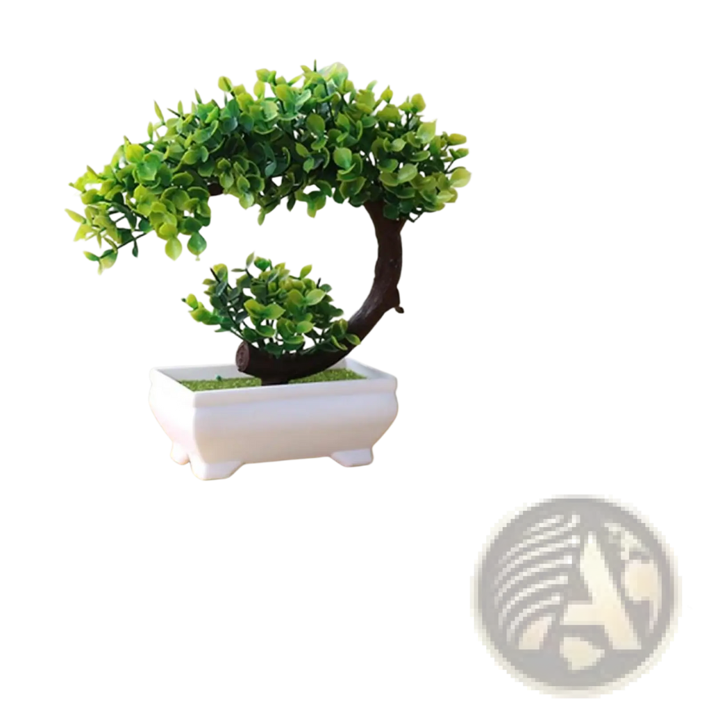 Artificial bonsai tree with curved dark brown trunk and lush green foliage in white ceramic bonsai pot