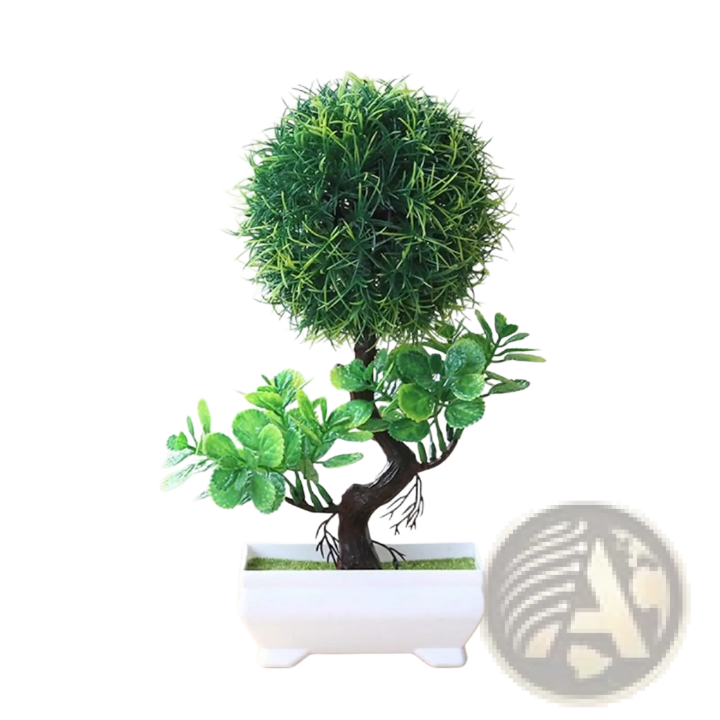 Artificial bonsai tree with dark brown twisted trunk and lush green foliage in a white ceramic pot