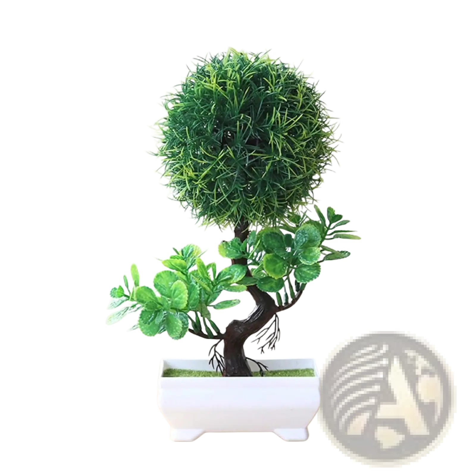 Artificial bonsai tree with dark brown twisted trunk and lush green foliage in a white ceramic pot