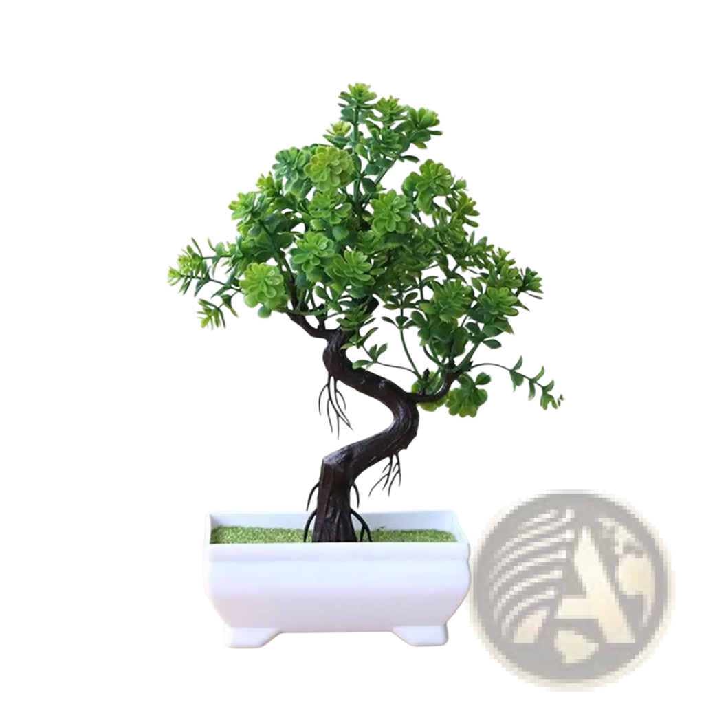 Artificial bonsai tree with lush green foliage and dark twisted trunk in a white ceramic pot