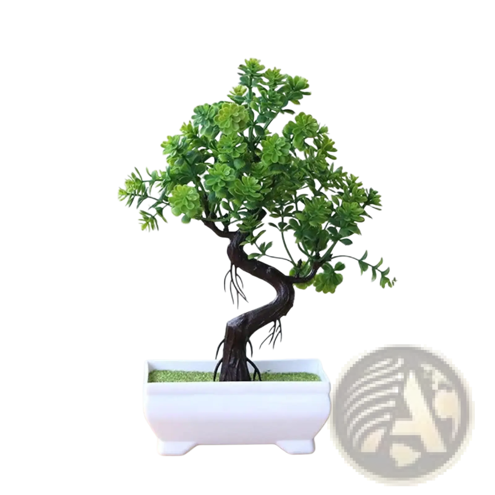 Artificial bonsai tree with lush green foliage and dark twisted trunk in a white ceramic pot