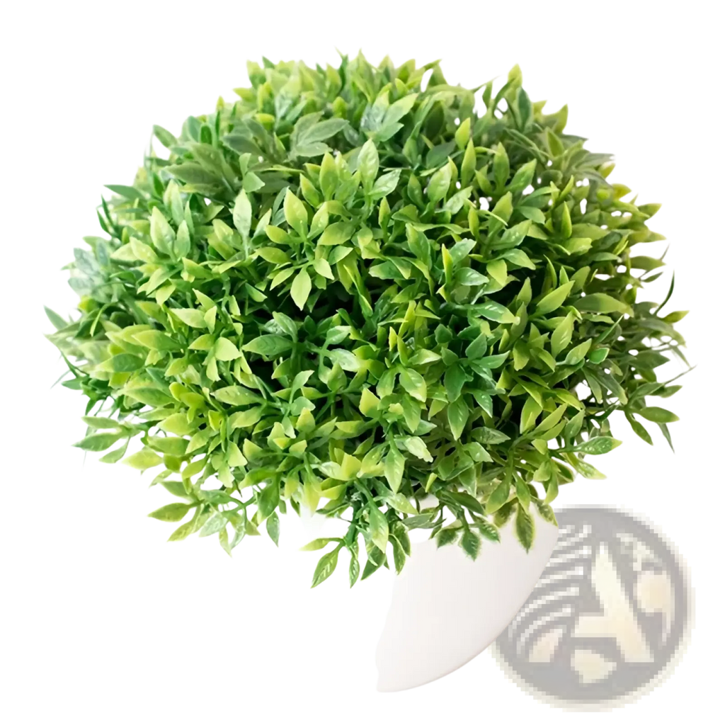 Artificial bonsai tree with dense green foliage in a white ceramic pot for decorative indoor use