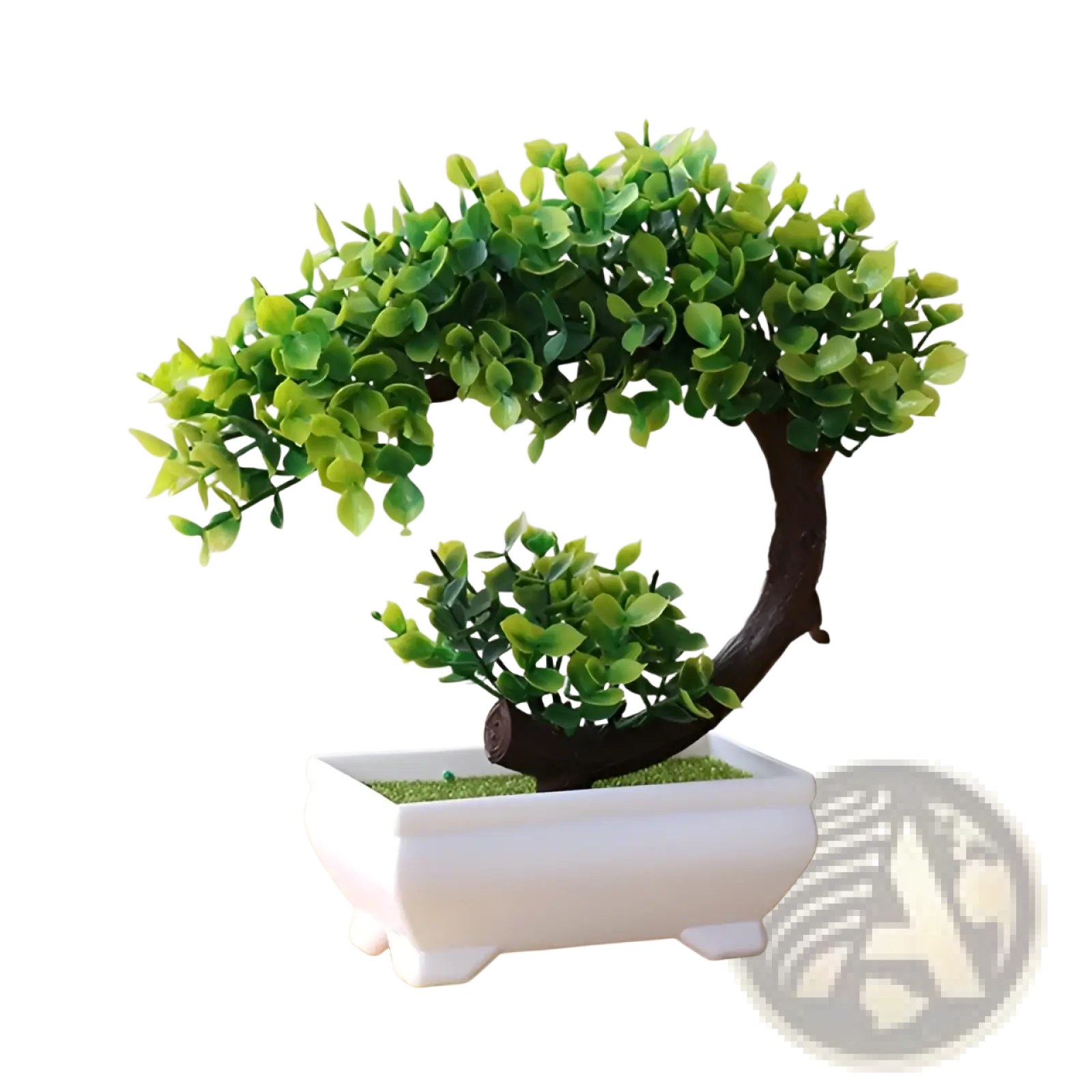 Artificial bonsai tree with lush green foliage and dark curved trunk in a white ceramic pot for decoration