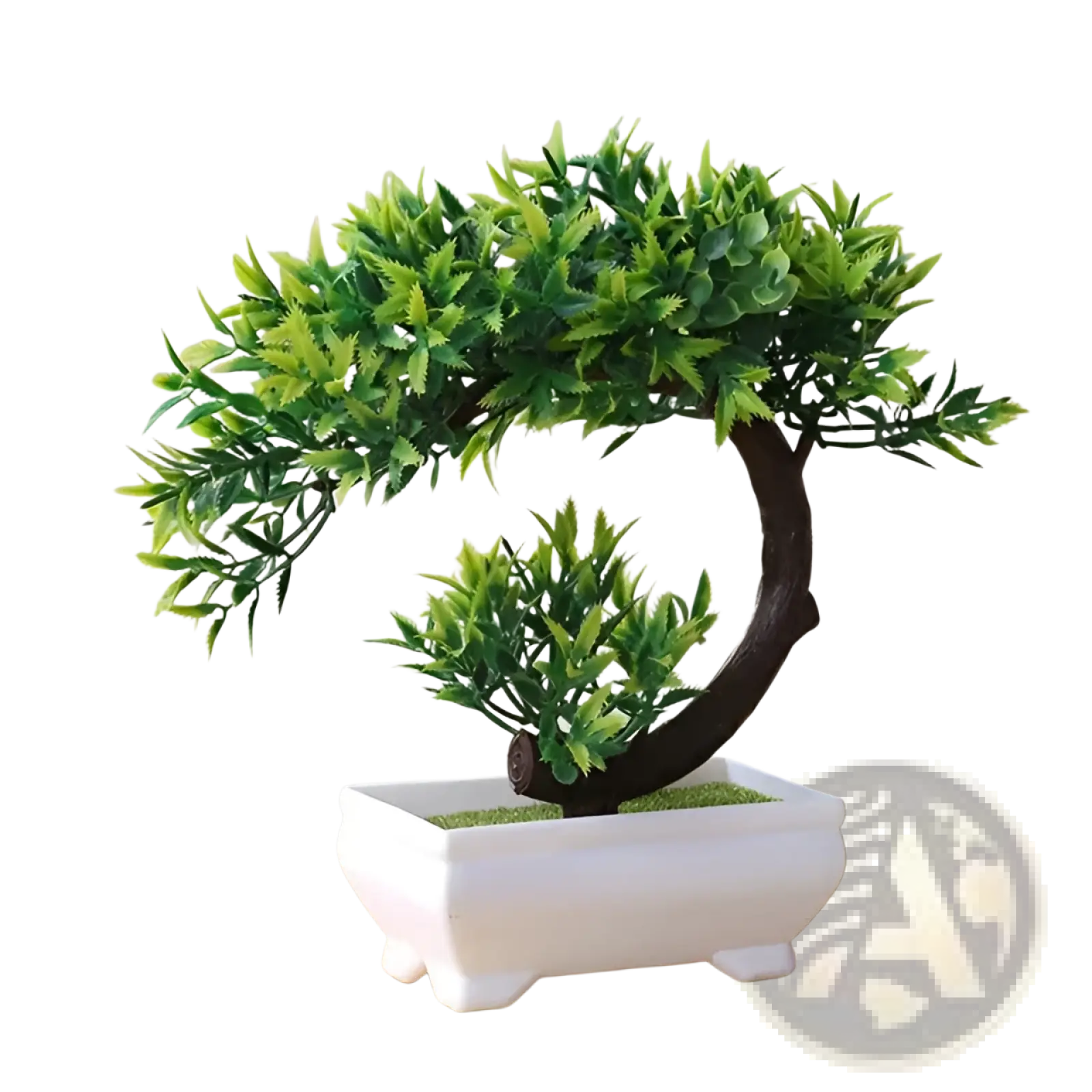 Artificial bonsai tree with lush green foliage and dark curved trunk in a white ceramic pot for home decor