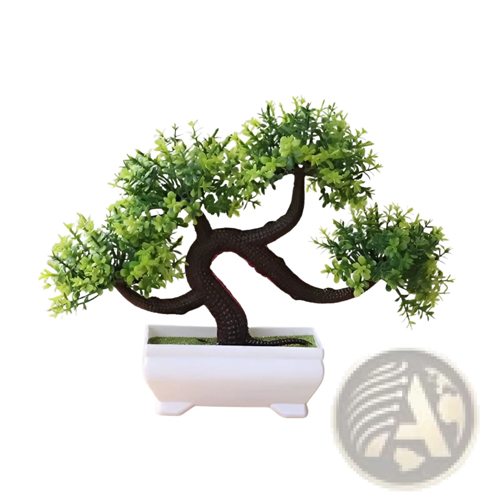 Artificial bonsai tree with dark twisted trunk and vibrant green foliage in a white ceramic pot