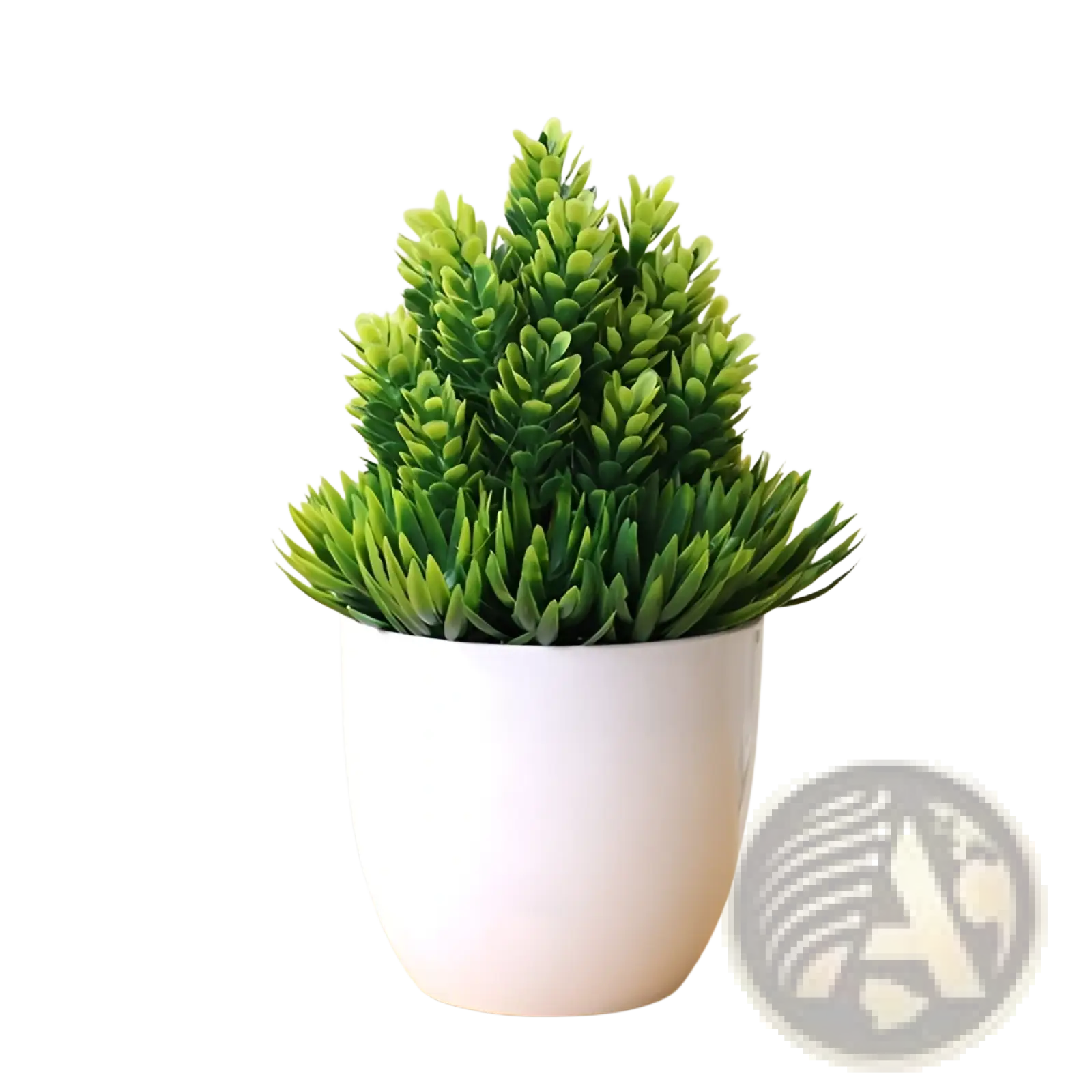 Artificial bonsai tree with dense needle-like foliage in a sleek white ceramic pot for indoor decoration