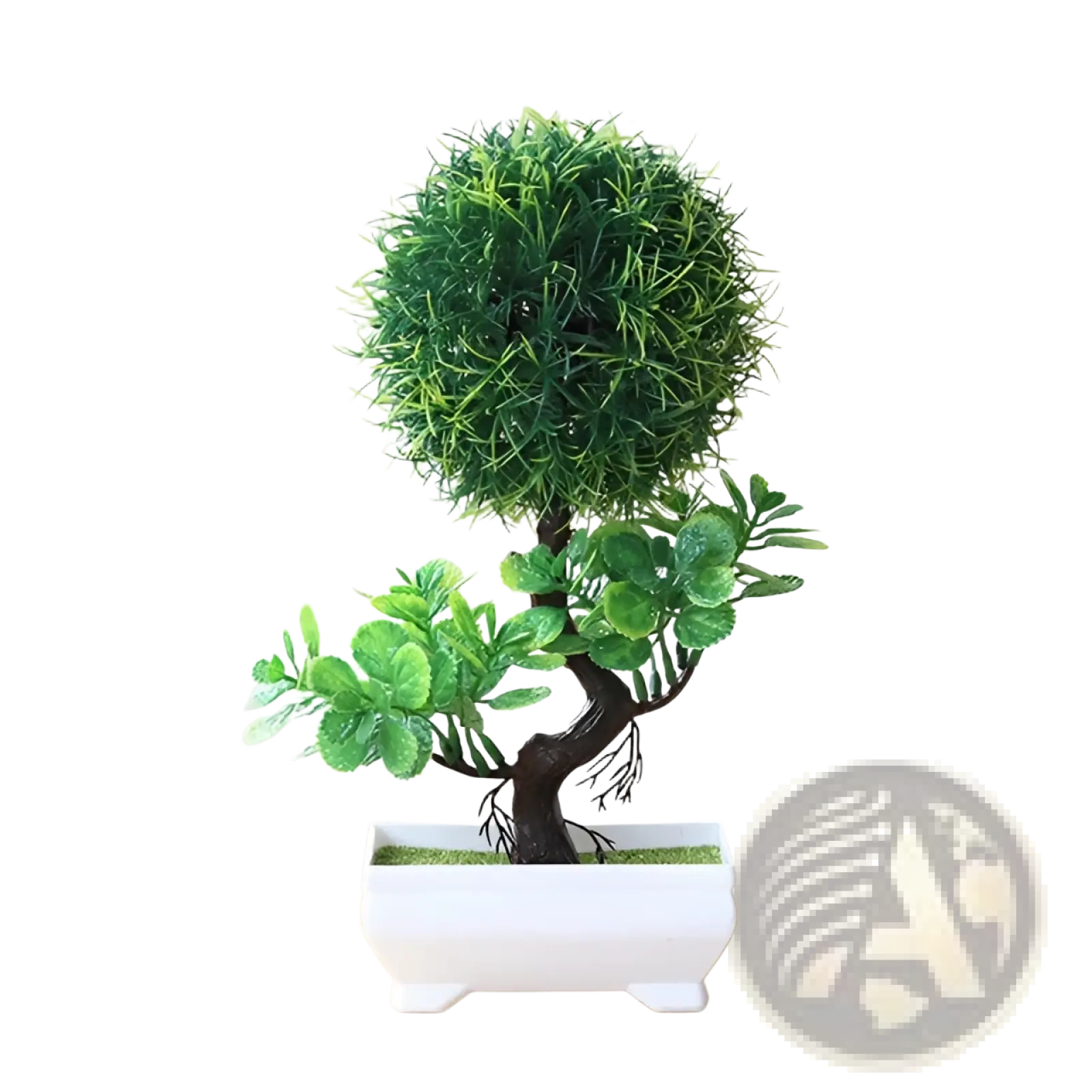 Artificial bonsai tree with a dark brown twisted trunk and green foliage in a white ceramic pot