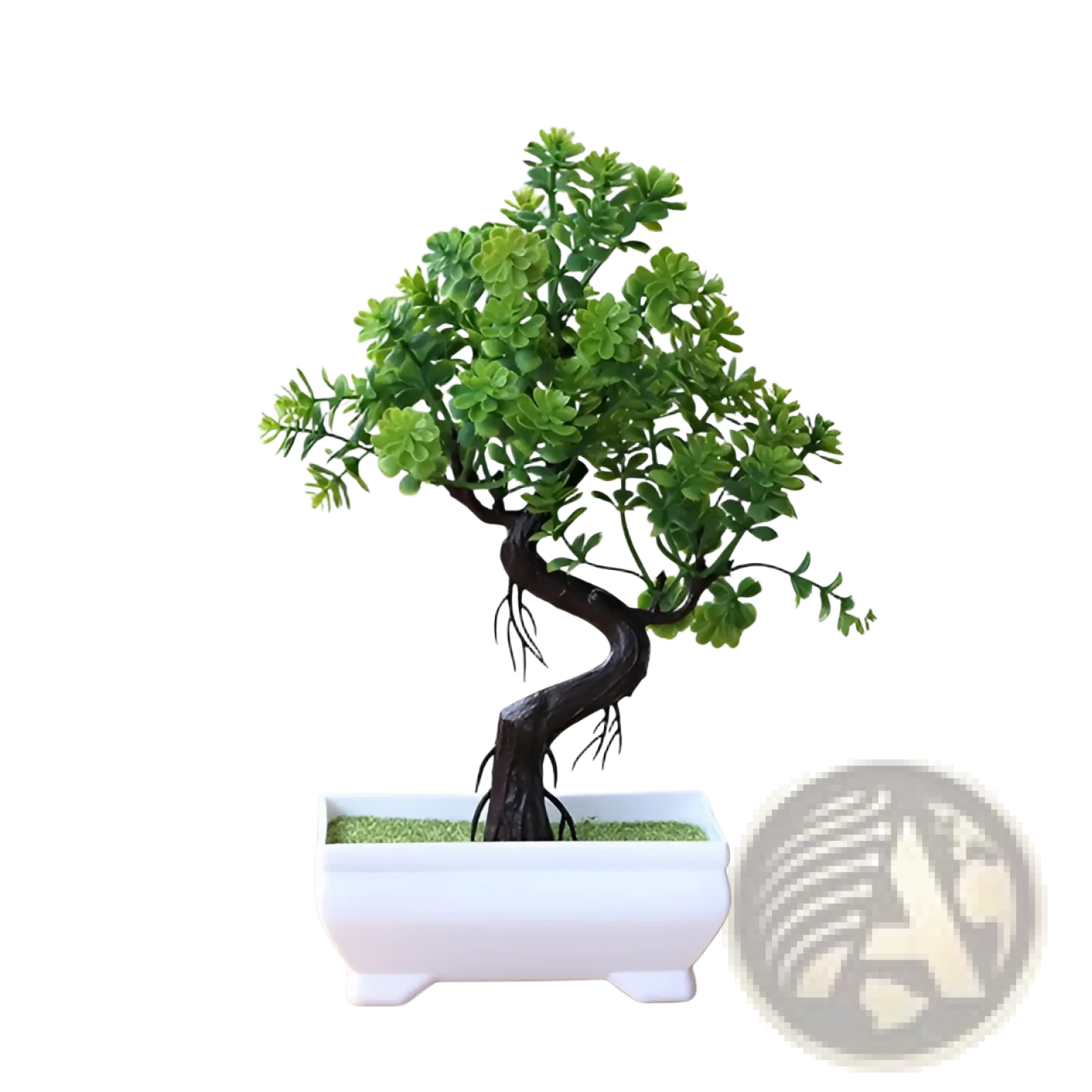 Artificial bonsai tree with lush green foliage and twisted dark trunk in a sleek white ceramic pot